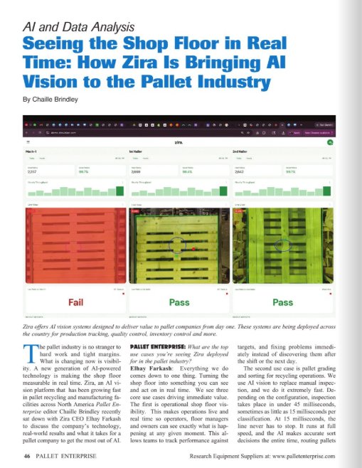 Pallet Enterprise article: Seeing the Shop Floor in Real Time — How Zira Is Bringing AI Vision to the Pallet Industry, by Chaille Brindley